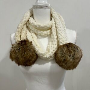 Old Navy Cream Knit Scarf with Brown Pom Poms